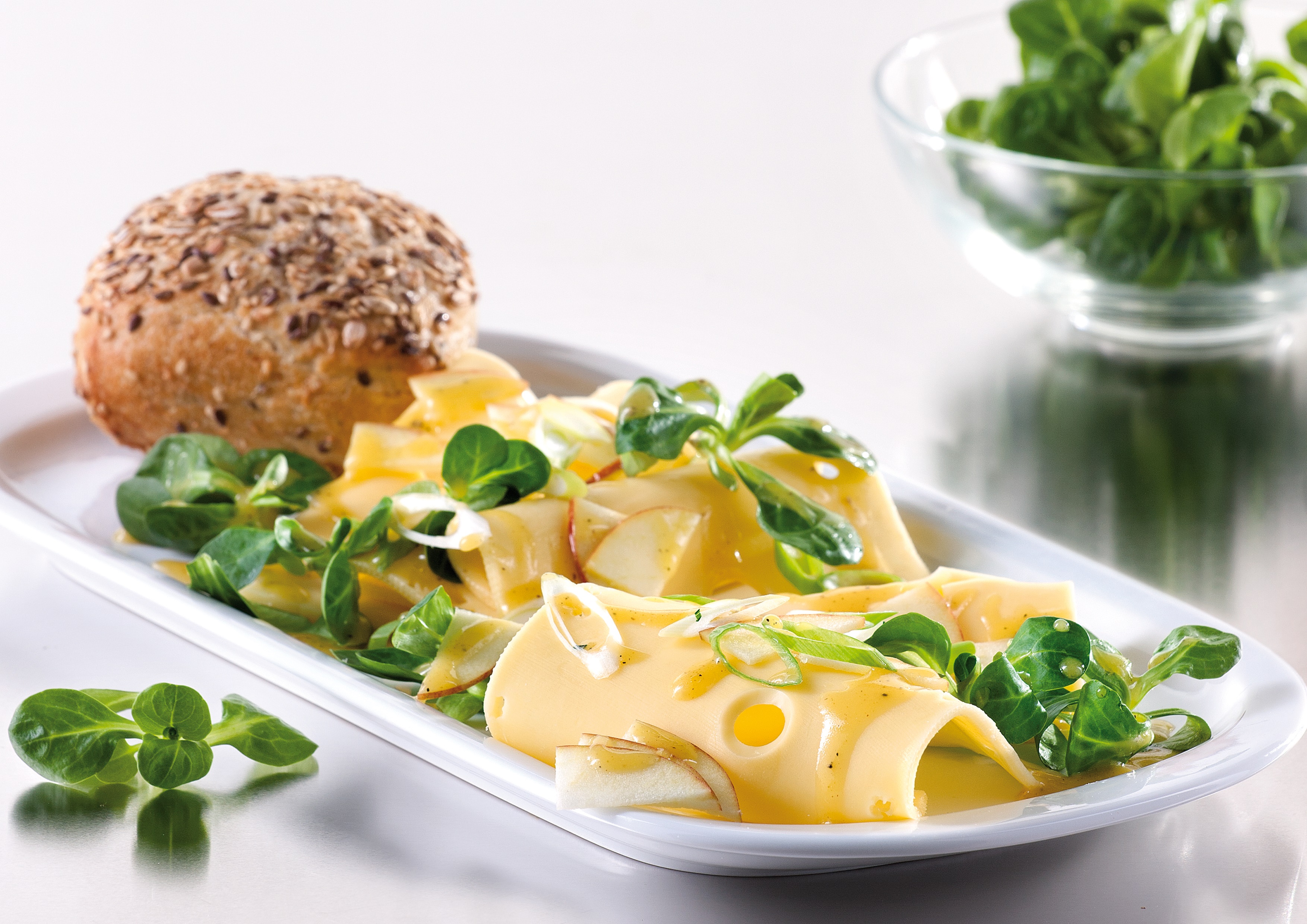 MILRAM Burlander Käsescheiben auf einem rechteckigen Teller angerichtet mit Feldsalat, Essig-Öl-Dressing und Körnerbrötchen. MILRAM Burlander Käsescheiben auf einem rechteckigen Teller angerichtet mit Feldsalat, Essig-Öl-Dressing und Körnerbrötchen.