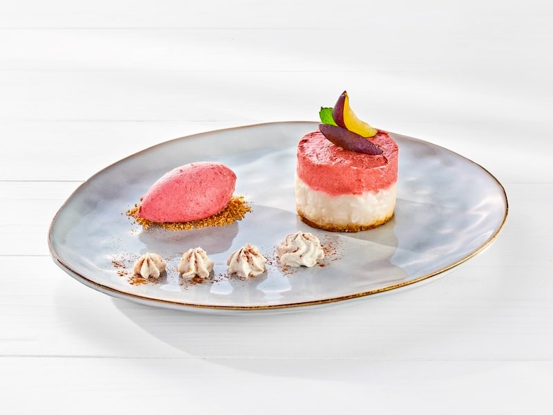 Dessert geschichtet aus Teigboden, MILRAM Milchreis und Pflaumenmousse; garniert mit frischen Pflaumen auf einem runden Teller  