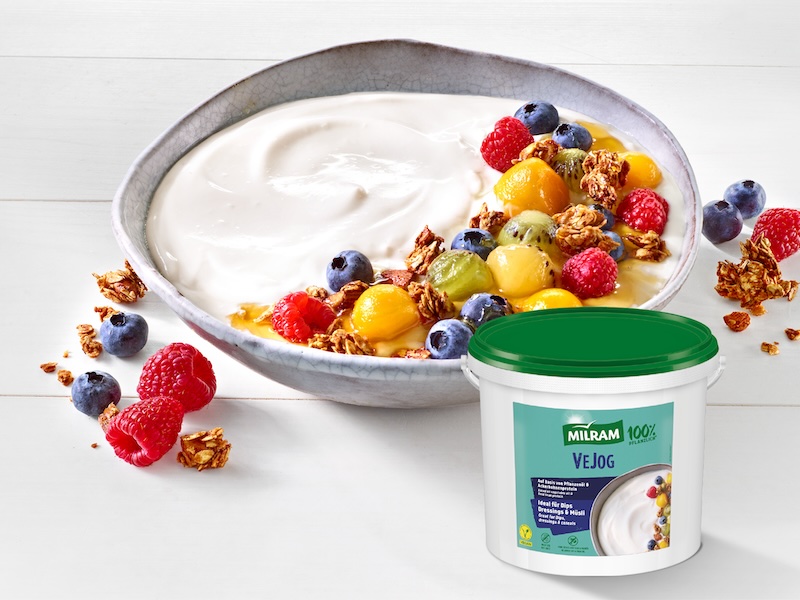 Bowl gefüllt mit MILRAM VeJog Joghurt-Alternative und einem Topping aus Kiwi, Heidelbeeren, Himbeeren, Mango und Granola