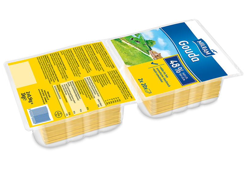 MILRAM Gouda 48% F.i.Tr. Käsescheiben gestapelt, 1 kg (2 x 500g Schale) MILRAM Gouda 48% F.i.Tr. Käsescheiben gestapelt, 1 kg (2 x 500g Schale)