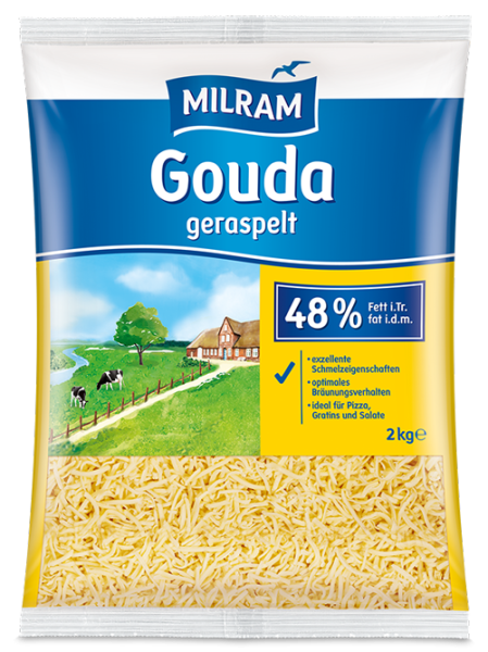 MILRAM Gouda 48 % F.i.Tr. geraspelt, 2 kg MILRAM Gouda 48 % F.i.Tr. geraspelt, 2 kg