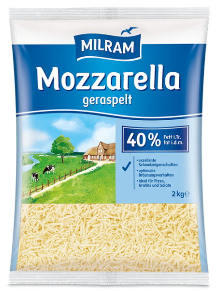MILRAM Mozzarella 40% F.i.Tr. geraspelt, 2 kg MILRAM Mozzarella 40% F.i.Tr. geraspelt, 2 kg