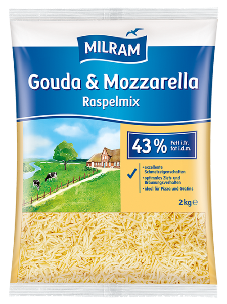 MILRAM Raspelmix Gouda & Mozzarella, 43 % F.i.Tr., 2 kg MILRAM Raspelmix Gouda & Mozzarella, 43 % F.i.Tr., 2 kg