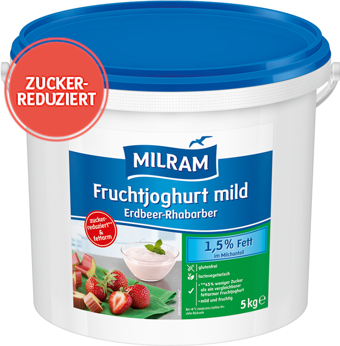 MILRAM Fruchtjoghurt mild Erdbeer-Rhabarber 1,5% Fett, zuckerreduziert, 5 kg