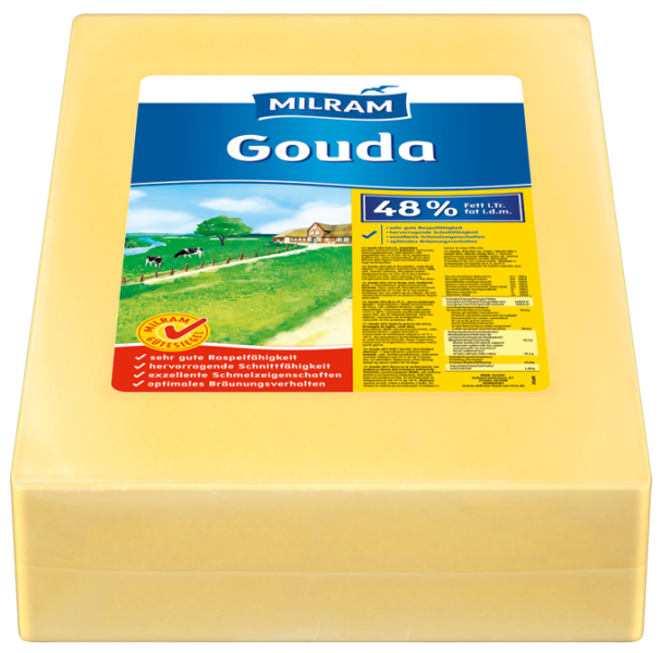 MILRAM Gouda 48% F.i.Tr. Block, ca. 15 kg MILRAM Gouda 48% F.i.Tr. Block, ca. 15 kg