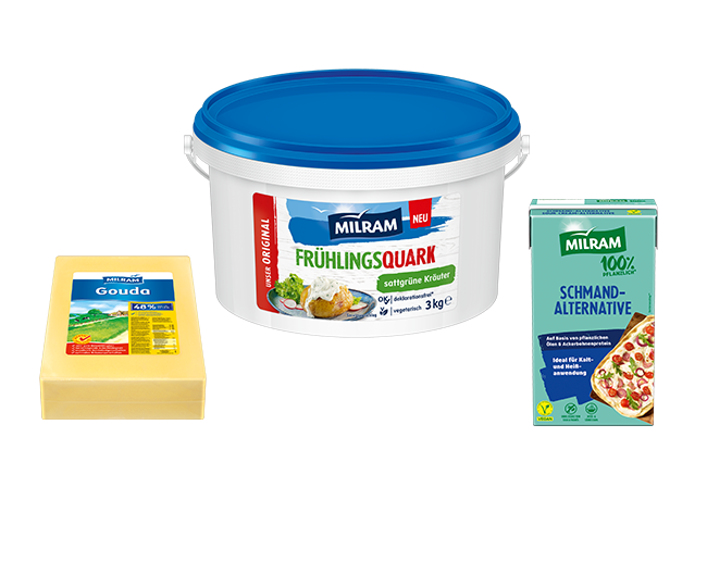 MILRAM Produkte - Käse MILRAM Gouda, FrühlingsQuark und Schmand-Alternative