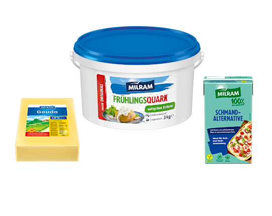 MILRAM Produkte - Käse MILRAM Gouda, FrühlingsQuark und Schmand-Alternative